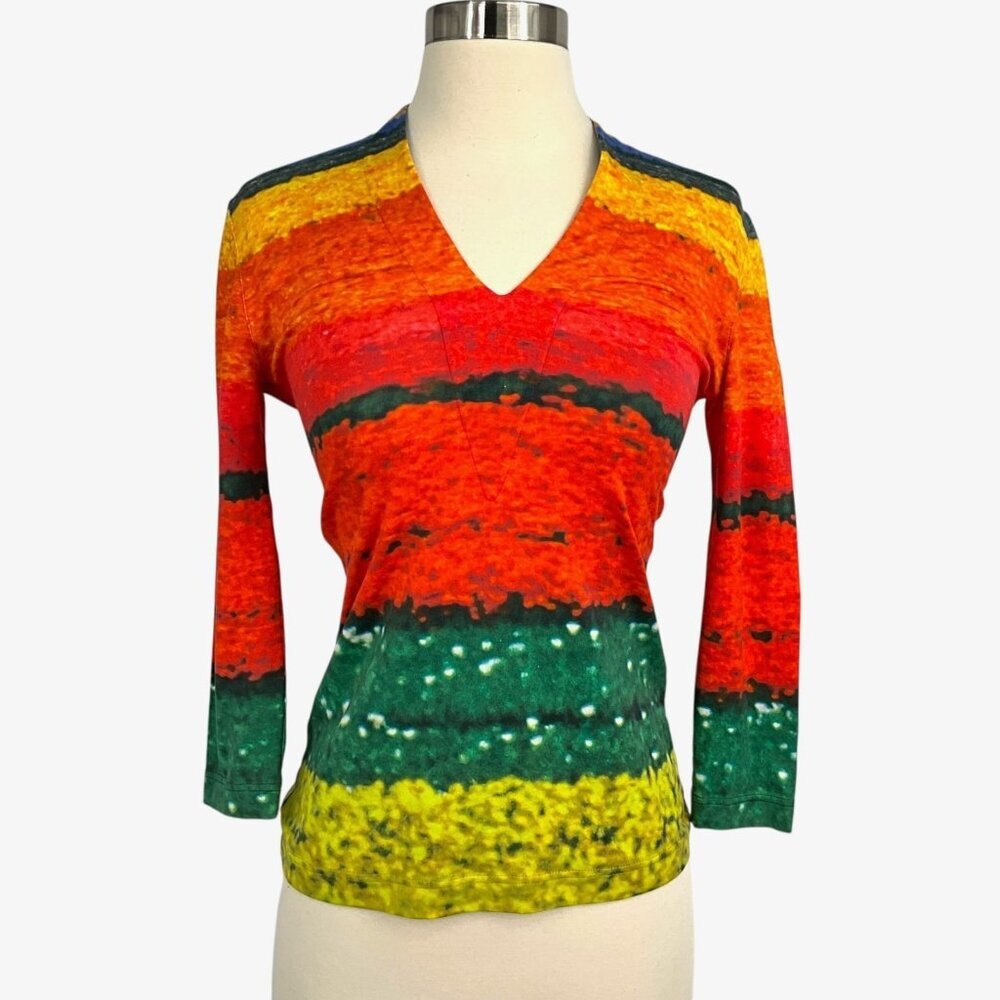 Akris Flower Field Top Multicolor V Neck 3/4 Sleeve US Size 4 XS Tulips - Picture 1 of 9